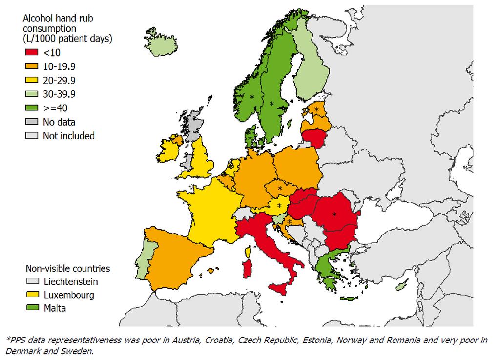 Figur 5. Bruk av hånddesinfeksjonsmidler i sykehus i Norge sammenliknet med Europa (2011/2012) Kilde ECDC SURVEILLANCE REPORT.