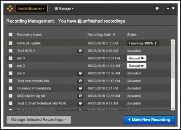 Etter opptak blir filmen automatisk lastet opp til server og prosessert. Herfra kan du nå bare lukke vinduet oppe i høyre hjørne (X) eller du kan fortsette med nye opptak «Make New Recording».