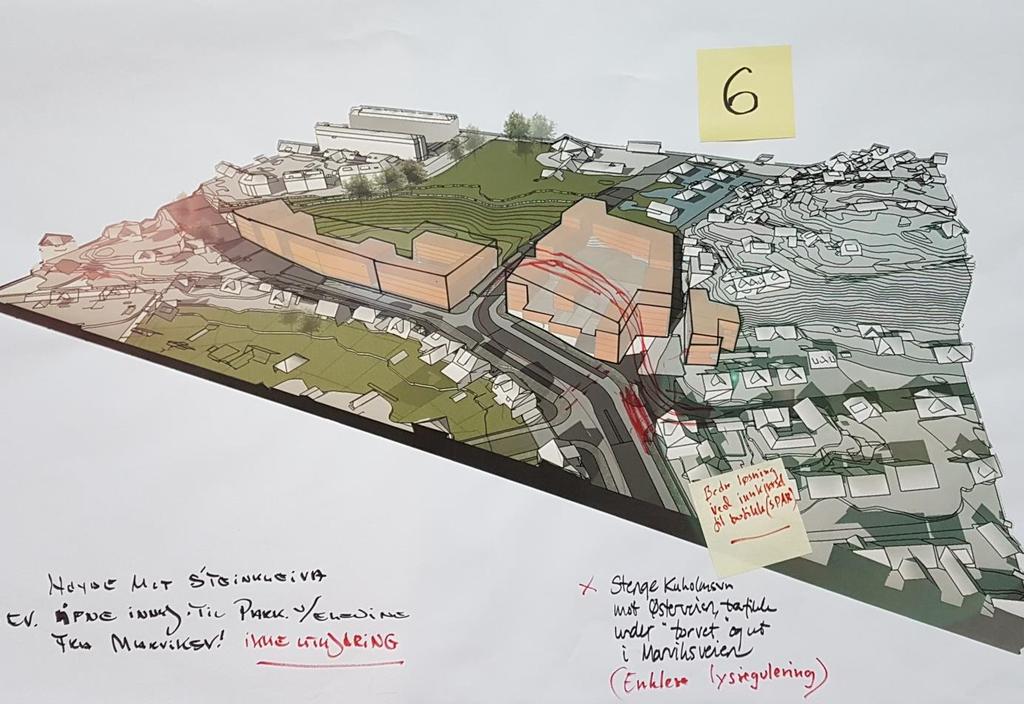 - Bedre løsning ved innkjørsel til butikk (Spar). - Stenge Kuholmsveien mot Østerveien, trafikk under «torvet» og ut i Marviksveien (enklere lysregulering).