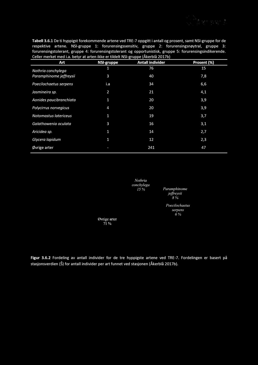 Tabell 3.6.1 De ti hyppigst forekommende artene ved TRE - 7 oppgitt i antall og prosent, samt NSI - gruppe for de respektive artene.