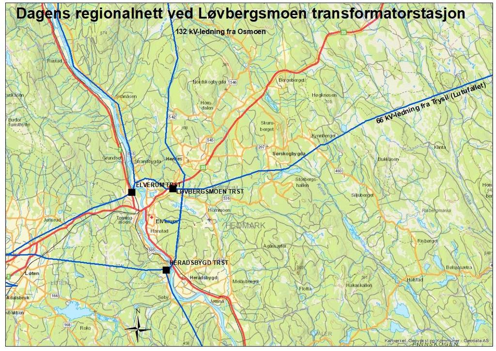 Side 8 Figur 4 - viser dagens regionalnett i området.132 kv-nettet er i dag koblet til Heradsbygd transformatorstasjon, mens 66 kv nettet er koblet til Løvbergsmoen transformatorstasjon.
