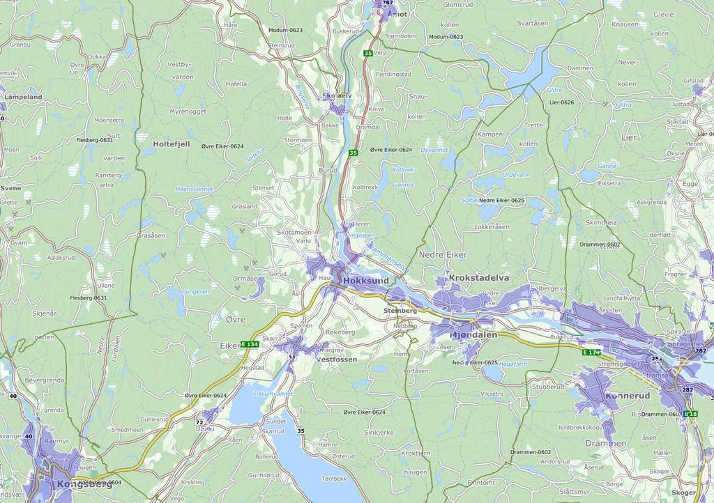 Områdebeskrivelse Tettsteder og sentrumssoner Figur 1 viser Tettsteder og sentrumssoner i Øvre Eiker kommune i henhold til Statistisk sentralbyrås (SSB) definisjoner.