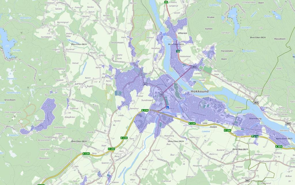 Figur 2: Øvre Eiker kommune Tettsteder (lilla) og sentrumssoner (grønn markering med hvit yttergrense) i henhold til Statistisk sentralbyrås definisjoner.