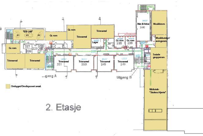 Figur 76: Ny løsning i ungdomsskolens plan 2. Ved å samlokalisere administrasjon og lærerarbeidsplassene, vil man kunne frigjøre plass i arealene for ungdomsskolens 2.