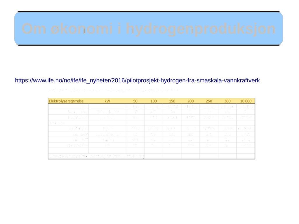 Om økonomi i hydrogenproduksjon Noen overslag er tilgjengelig i IFE sin rapport «Hydrogenproduksjon fra Rotnes