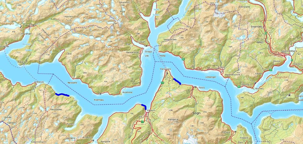 Sognefjorden frå Aurland kommune i Aurlandsfjorden til Høyanger kommune. Strandlinja er ca. 105 km. Vi føreslår tre område i Vik Kommune på til saman ca. 6,6 km.