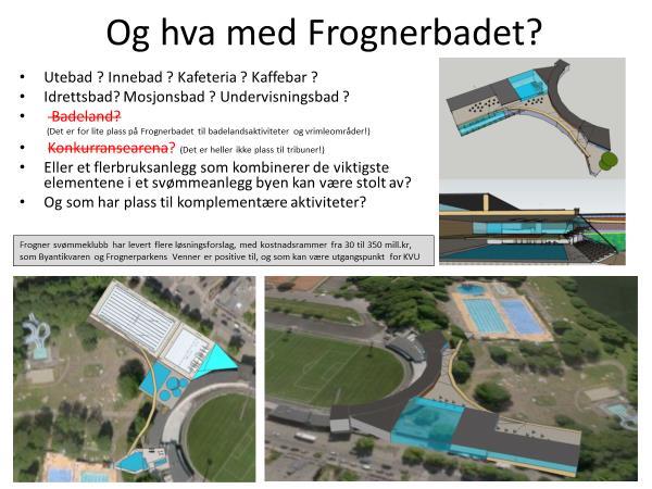 Ideelt sett bør nye tilbud på Frognerbadet (eller tilsvarende kapasitet) være på plass før man river Tøyenbadet og da i noen år halverer byens svømmehallkapasitet.