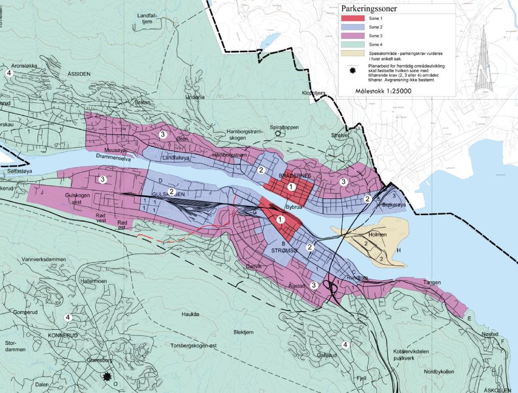 Parkeringskrav ved nybygg Vi foreslår å endre fra 4 til 3 soner og justere sonene: Sone 1: Bragernes og Strømsø sentrum, utvide noe i forhold til dagens avgrensning Nærområdet til Gulskogen stasjon