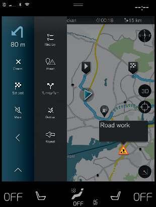 Symboler og knapper i navigasjonssystem* På kartet på midtdisplayet vises symboler og farger som informerer om forskjellige veier og området rundt bilen og langs ruten.