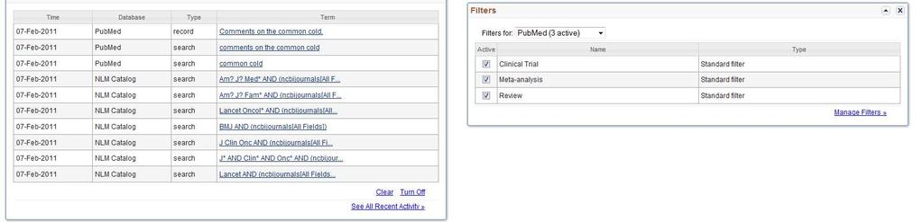 (), valgte filtre (4) og historikk over din PubMed aktivitet (5).