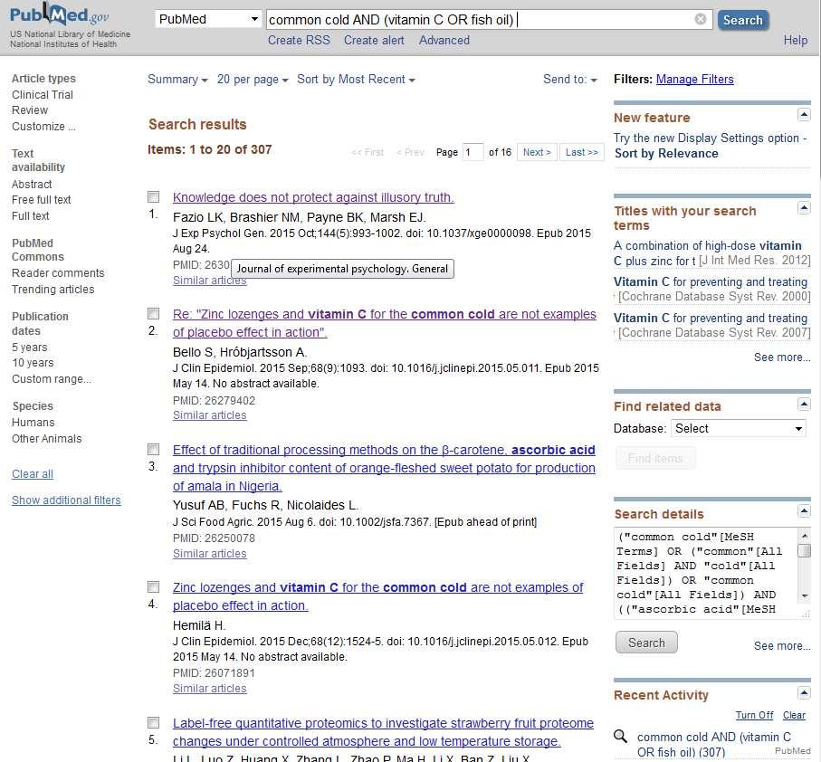9 Hvordan tolker PUBMED ditt søk? Du kan sjekke hvordan PubMed har tolket ditt søk ved å sjekke boksen Search details () til høyre for trefflista.