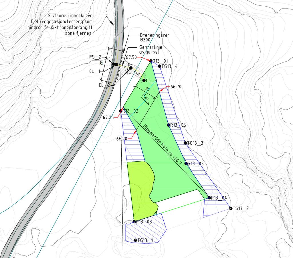 R13 Yndesdalsvegen riggplass Lokalitet: Ved Yndesdalsvegen, mellom mast 31 og 32 Posisjon: N 6754885 E 297517 Lagring av linjemateriell og anleggsutstyr, premontasje av master og utflyging av betong,