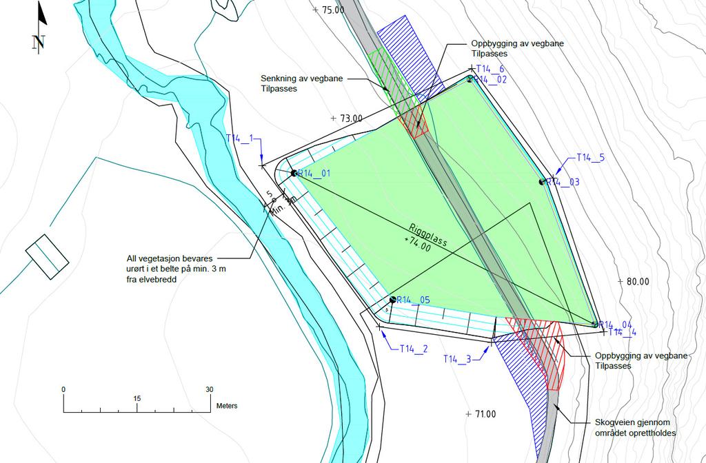 R14 Kvamsdalen riggplass Lokalitet: Kvamsdalen, Masfjorden kommune Posisjon: N 6756650 E 299776 Primært lagerplass for master, liner og komponenter som flys eller kjøres inn fra 132 kv ledning som