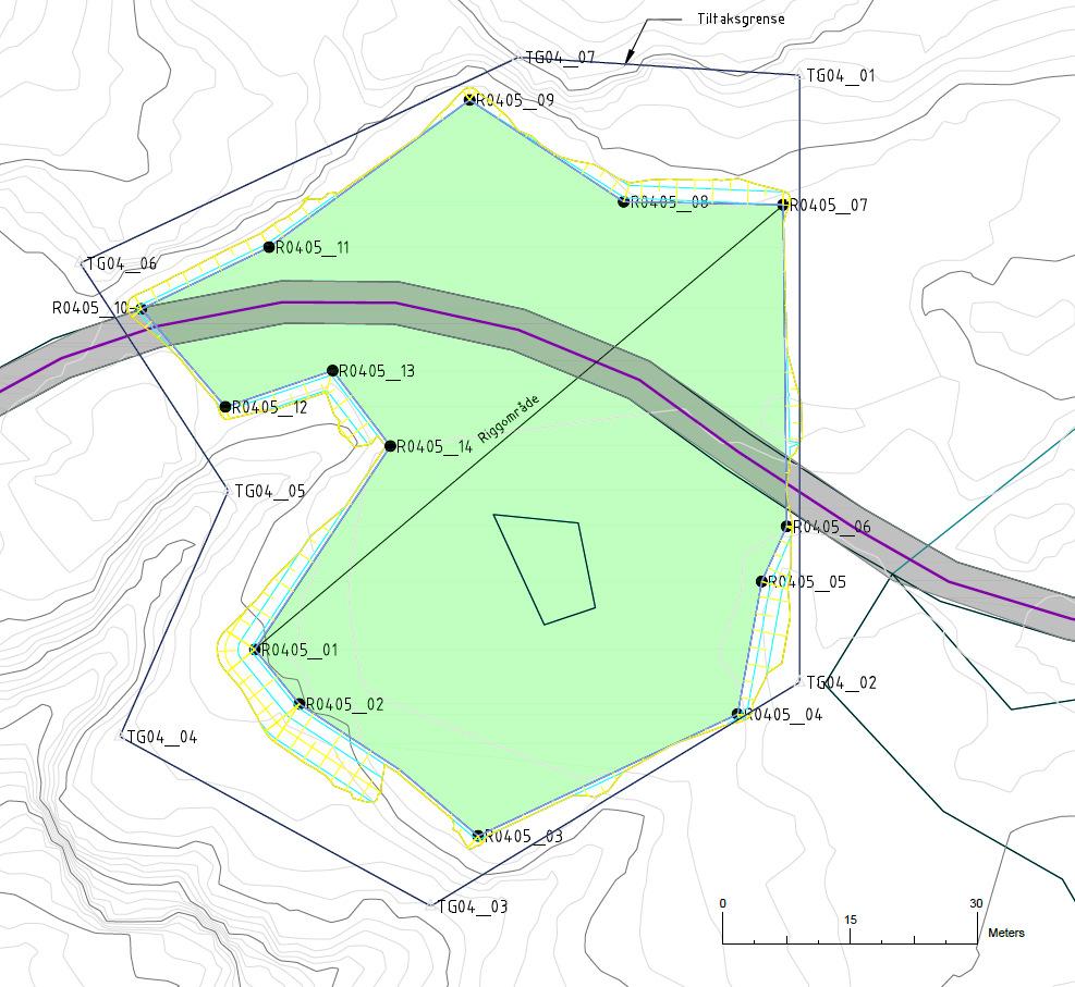 R04 Storavatn riggplass Lokalitet: Ved dam Storavatnet, Masfjorden kommune Posisjon: N 6752432 E 323072 Lagring av linjemateriell og anleggsutstyr, premontasje av master og utflyging av betong,