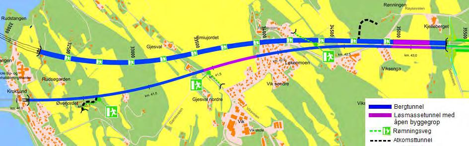 41 av 148 Figur 4-24 Oversikt over tunnelstrekningene mellom Rudsøgarden/Kroksund og Kjellerberget. Veg og bane danner en felles trasé fra Viksenga og vestover.