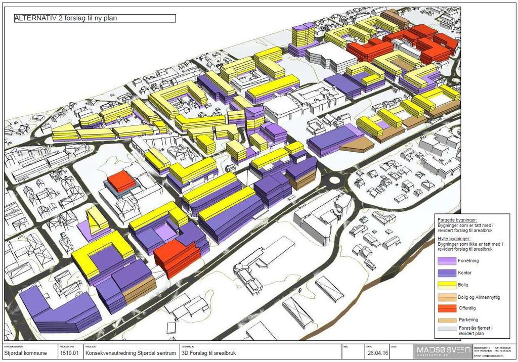 Figur 2 Konsekvensutredning Stjørdal sentrum. 3D forslag til arealbruk (Madsø Sveen, 2015). 2. Bakgrunn COWI AS har på oppdrag for Stjørdal kommune gjennomført en overordnet vurdering av luftkvaliteten i forbindelse med områdereguleringsplan for Stjørdal sentrum.