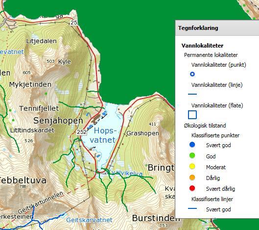 I vannmiljø er statusen til Senjahopen havn satt til «uklassifisert økologisk tilstand» og «udefinert kjemisk tilstand», se kartet til høyre.