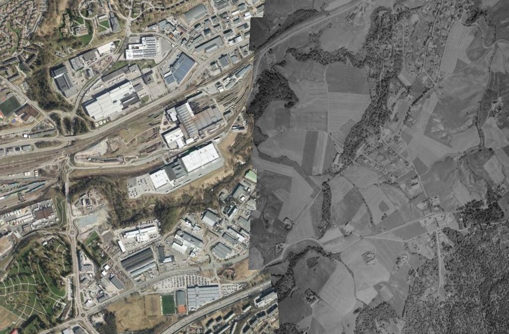 Figur 3. Område ved godsterminalen på Alna i 1946 (til høyre) og 2018. (Norgeibilder.no). Det er utarbeidet et grøntregnskap for Oslo kommune (Oslo kommune 2018).