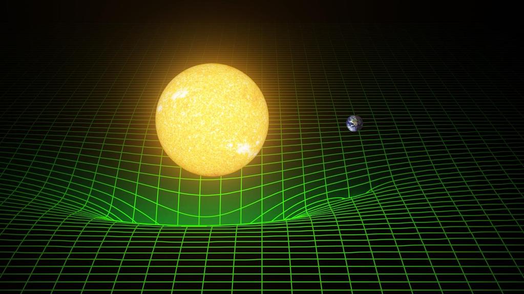 Massive Bodies Warp Space-Time How our sun and Earth warp space and time, or spacetime, is represented here with a green grid.