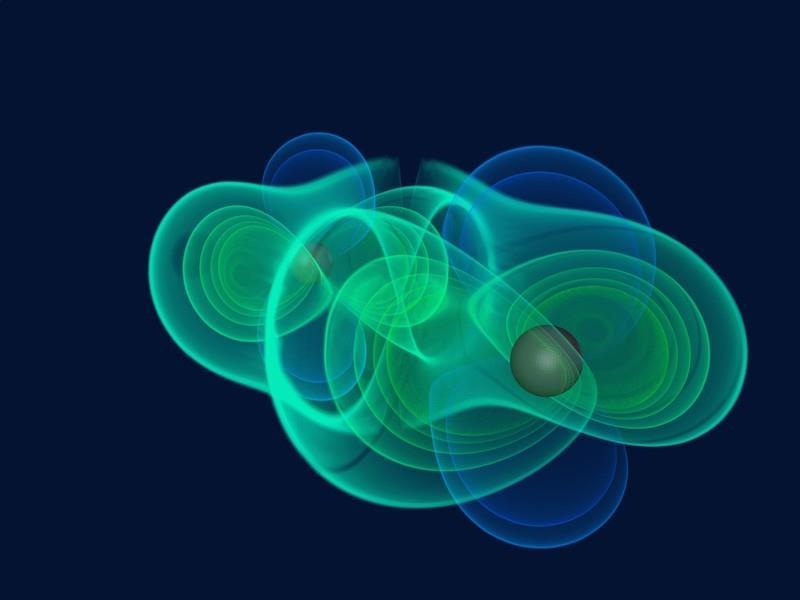Cosmic collision: Gravitational waves are generated when black holes encircle each other and even collide simulated