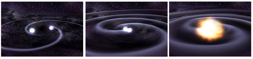 Illustrasjon av to stjerner i bane rundt hverandre. De sender ut gravitasjonsbølger og taper dermed energi.