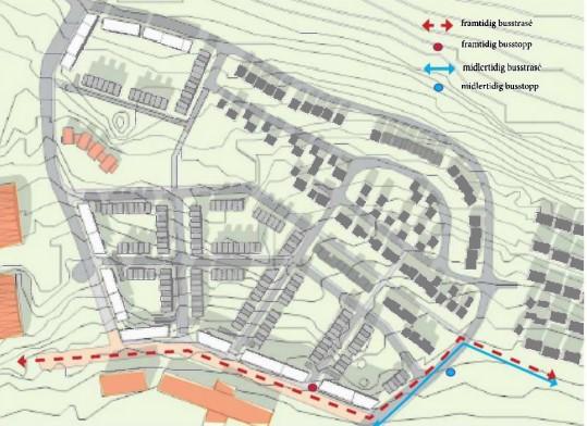 Figur 5: Plan 1861 er et viktig ledd i å realisere den planlagte busstrassen på Storelva, fremtidig busstrasé er markert i striplet rødt.