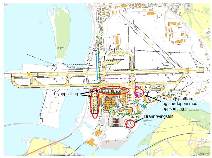 Figur 1. Trondheim lufthavn med avløps- og overvannsnett og lokaliteter som medfører avrenning av kjemikalier til resipienter. Blå piler viser avrenningsveier mot elveleie nord og Stjørdalselva.