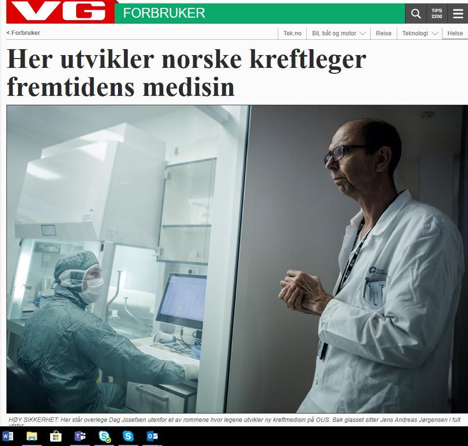 Genterapi kan bli et av århundrets viktigste medisinske gjennombrudd. RADIUMHOSPITALET (VG) Norske leger har vært med på å utvikle banebrytende kreftmedisin som kan bli godkjent i Norge i 2018.