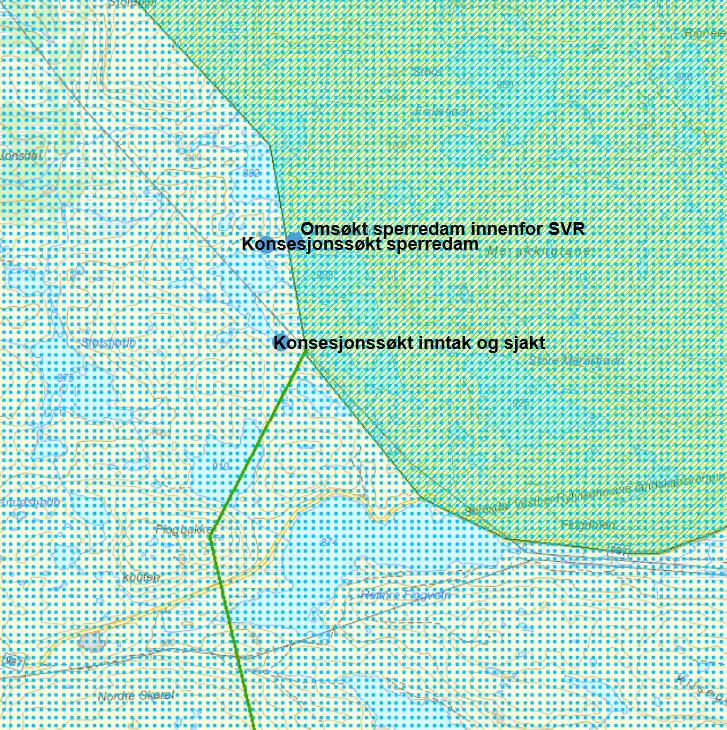 Trekkvei for villrein som krysser Brokke-Suleskardveien (grønn strek), blå punkter viser hvor de ulike inngrepene er i forhold til trekkvei.
