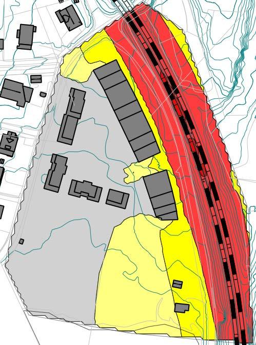 Figur 3 - Støysonekart ved 4 m høyde for jernbanestøy.