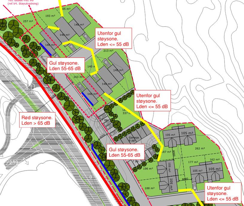 Figur 5 Støysonekart, utenfor 2. etg. Skjermet. Nedre grense for gul og rød støysone er vist. Støynivå utenfor 1. etg., ny bolig: Leq,24t 56 dba Støynivå utenfor 2.