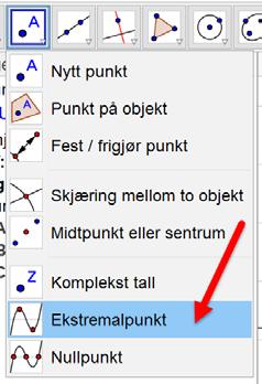 6. Oppgave c: Vi skal her bruke verktøyet «Ekstremalpunkt». Ekstremalpunkt vil merke toppunkter og bunnpunkter på en kurve (dersom de fins).