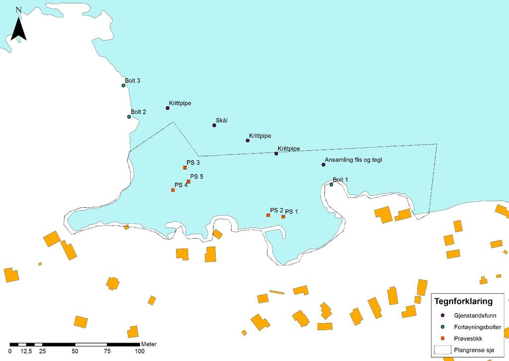 Figur 16 Kart over registrerte gjenstandsfunn og prøvestikk gjort i forbindelse med avgrensning av havneområdet