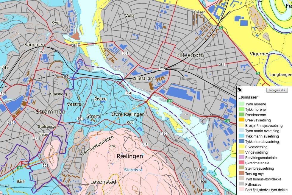 Figur 5: Utsnitt fra kvartærgeologisk kart, rødt omriss er prosjektområdet (kilde: ngu.no 14.11.2017) Statens Vegvesen har gjennomført flere grunnundersøkelser i forbindelse med bygging av Rv. 159.