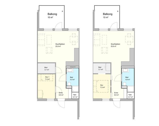 2-roms leilighet Areal: 47 m² BRA Balkong: 10 m² BRA 2-roms leilighetene i bygg A. En 2-roms leilighet består av åpen stue og kjøkken-løsning, soverom, romslig bad, entré og bod.