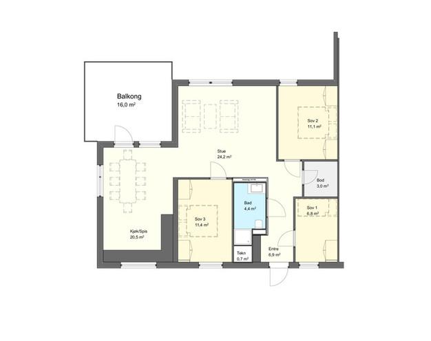 4-roms leilighet Areal: 92 m² BRA Balkong: 16 m² BRA 4-roms leiligheter i bygg A. En 4-roms leilighet har romslig stue, kjøkken med god plass til spisestue, tre soverom, bad, entré og bod.