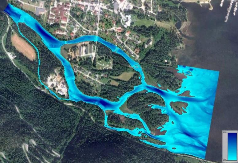 Figur 16: Området som ble benyttet for kalibrering av nedre delområde av Tokkeåi. Blåfargen viser vannstanden [m] ved siste kalibrering.