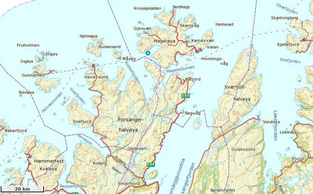 2. Områdebeskrivelse Målepunktet for Ytterværet ligger i Nordkapp kommune, Finnmark. Ytterværet ligger i Vannfjorden, på sørvestsiden av Magerøya.