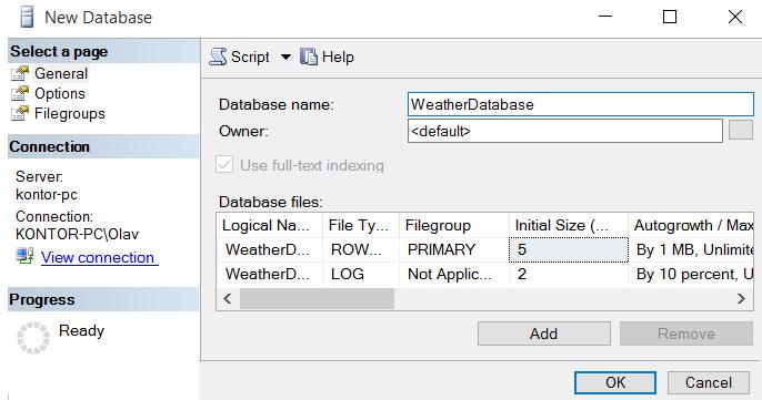 3 4 4) Åpne et spørrevindu ved å klikke på «New Query» i menyen: 5) Lag SQL-kode som oppretter tabellen WEATHERDATA: CREATE TABLE WEATHERDATA ( StationID int, RegDate date, MinTemp float, 5 MidTemp