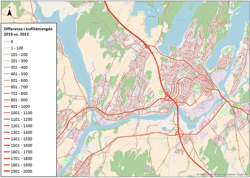 Figur 4-2 Endring i trafikkmengde i Fredrikstad sentrum fra 2016 til 2022.