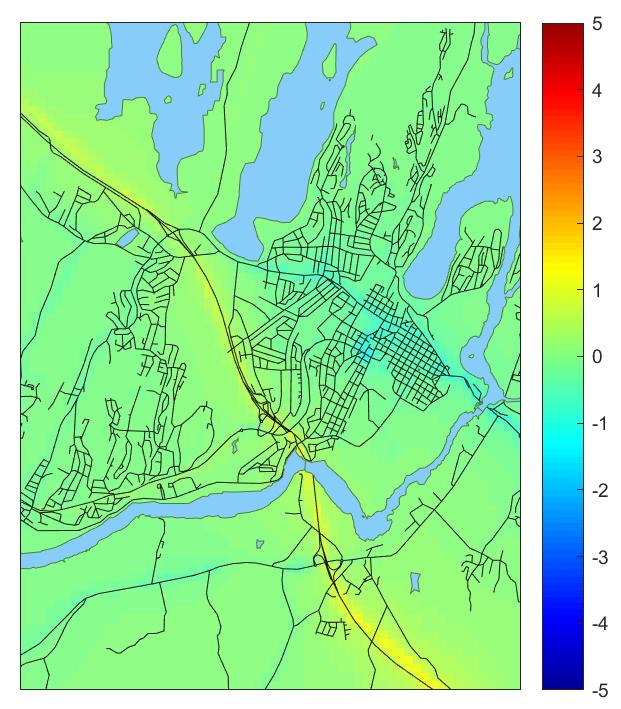 a) b) Figur 4-8: Beregnet årsmiddelkonsentrasjon for PM 10 sentralt i Sarpsborg kommune for a) Dagens    55