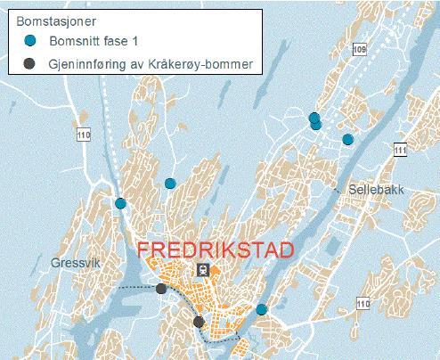 Figur 6-1 Oversikt over bomsnittene rundt Fredrikstad (et utsnitt av kartet gjengitt i «Byutredning Nedre Glomma: Fredrikstad og Sarpsborg») Det er verdt å merke seg at godsmatrisene benyttes i stor