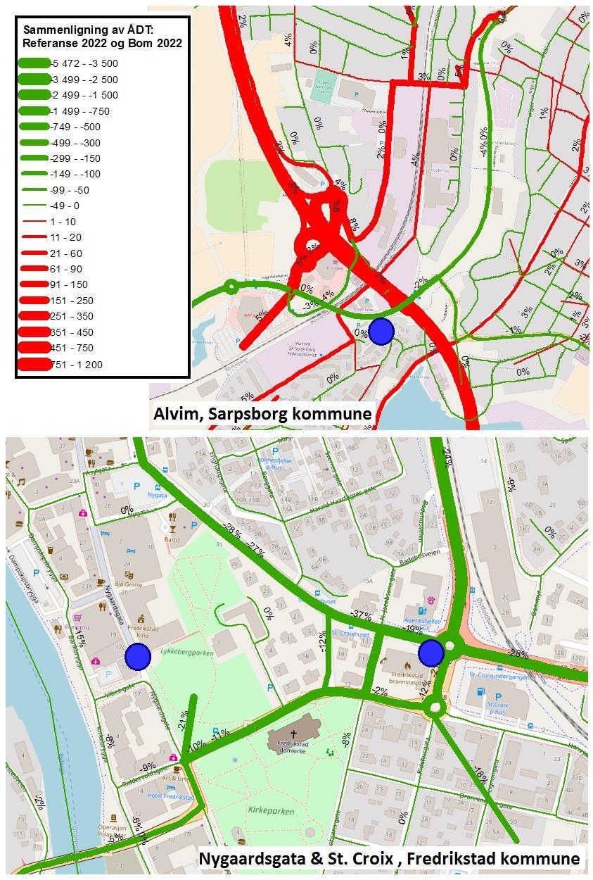 Figur 6-3 Kartutsnitt: Endring i trafikkmengde, Alvim og St. Croix / Nygaardsgata i 2022 med og uten bom 6.