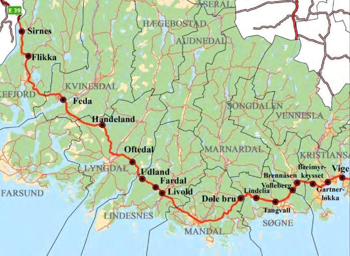 E39 Vest-Agder Statens vegvesen Region sør Prosjekt Vest-Agder Plan Igangsatt planlegging fra Vige Livold Eksisterende veg ca. 58 km Ny E39 ca.