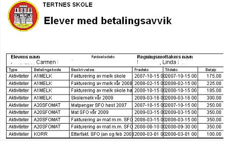 RPT Elever med registrert betalingsavvik. NB! Kun elever med betalinsavvik blir skrevet ut.