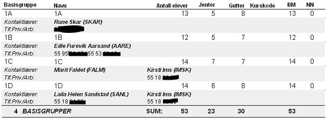 Klasselister (Basisgruppelister, Kontaktlærerlister) Plassering Forklaring Eksempel \Skole\Basisgrupper\BG_ANTALL.RPT Oversikt over grupper med antall elever fordelt på kjønn.