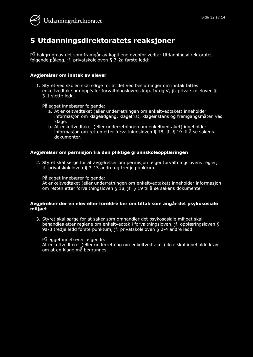 Side 12 av 14 5 Utdanningsdirektoratets reaksjoner På bakgrunn av det som framgår av kapitlene ovenfor vedtar Utdanningsdirektoratet følgende pålegg, jf.