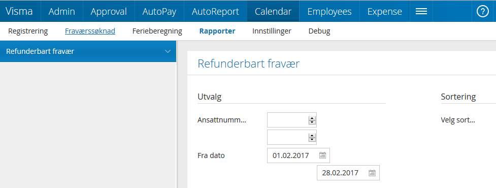 Fraværsrapporter Calendar / Rapport Det er kun en rapport tilgjengelig for utskrift for HRM løsningen; «Refunderbart fravær».