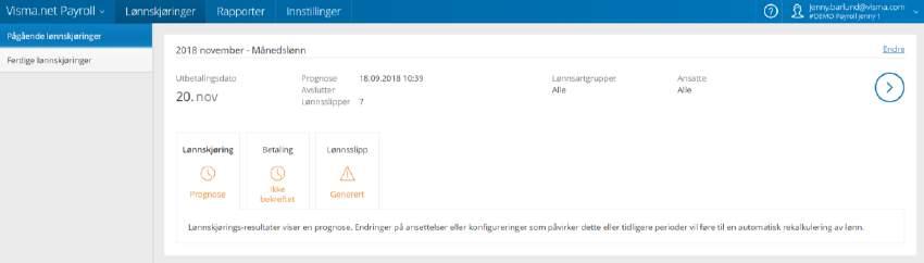 Lønnskjøring / Pågående lønnskjøringer Når lønnskjøringen er opprettet vil headingen på lønnskjøringen se slik ut: Du kan endre på innstillingene for lønnskjøringen i etterkant hvis dette er