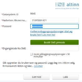 Når du trykker på knappen «Oppdater skattekort», dukker en dialog opp hvor du må legge inn Altinn pålogging, bestille og legge inn pinkode, og velge knappen «Last ned».